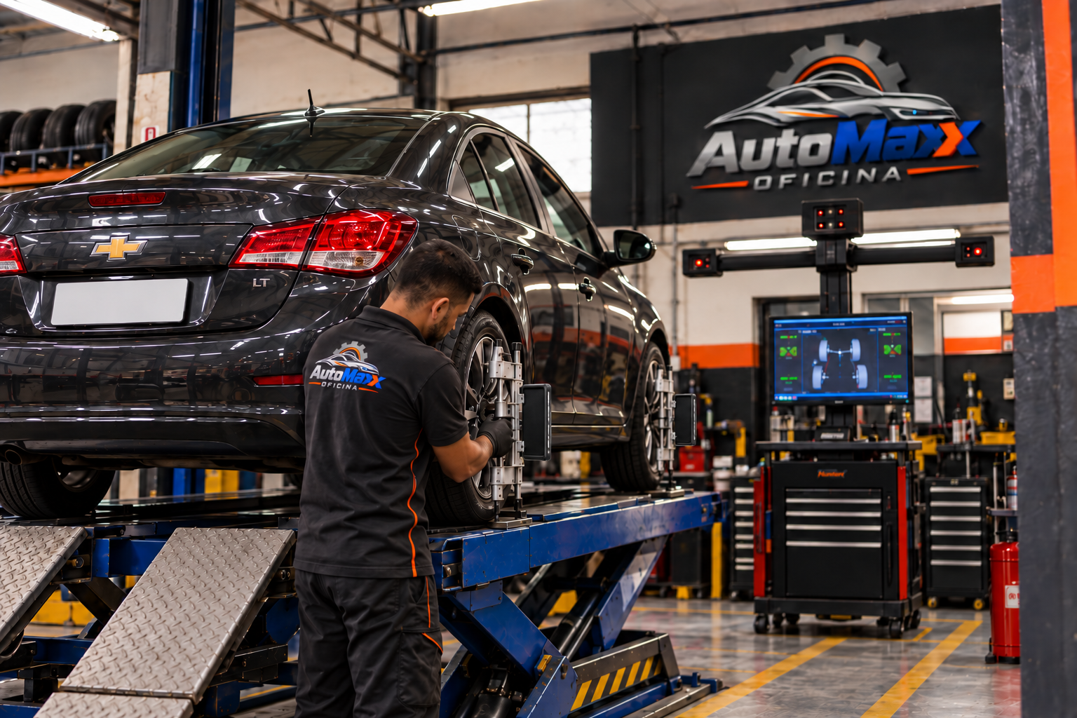 Carro em equipamento de alinhamento automotivo na AutoMaxx